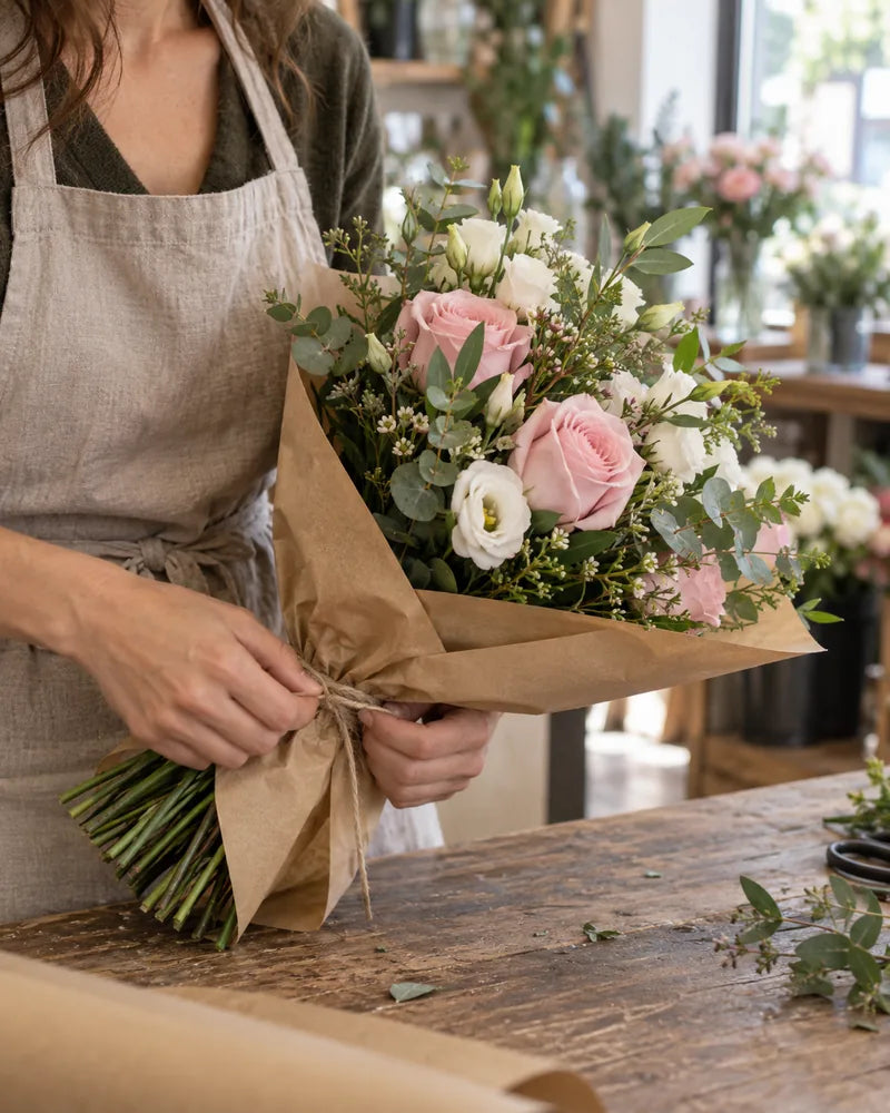 Un fiorista compone a mano un bouquet Florame