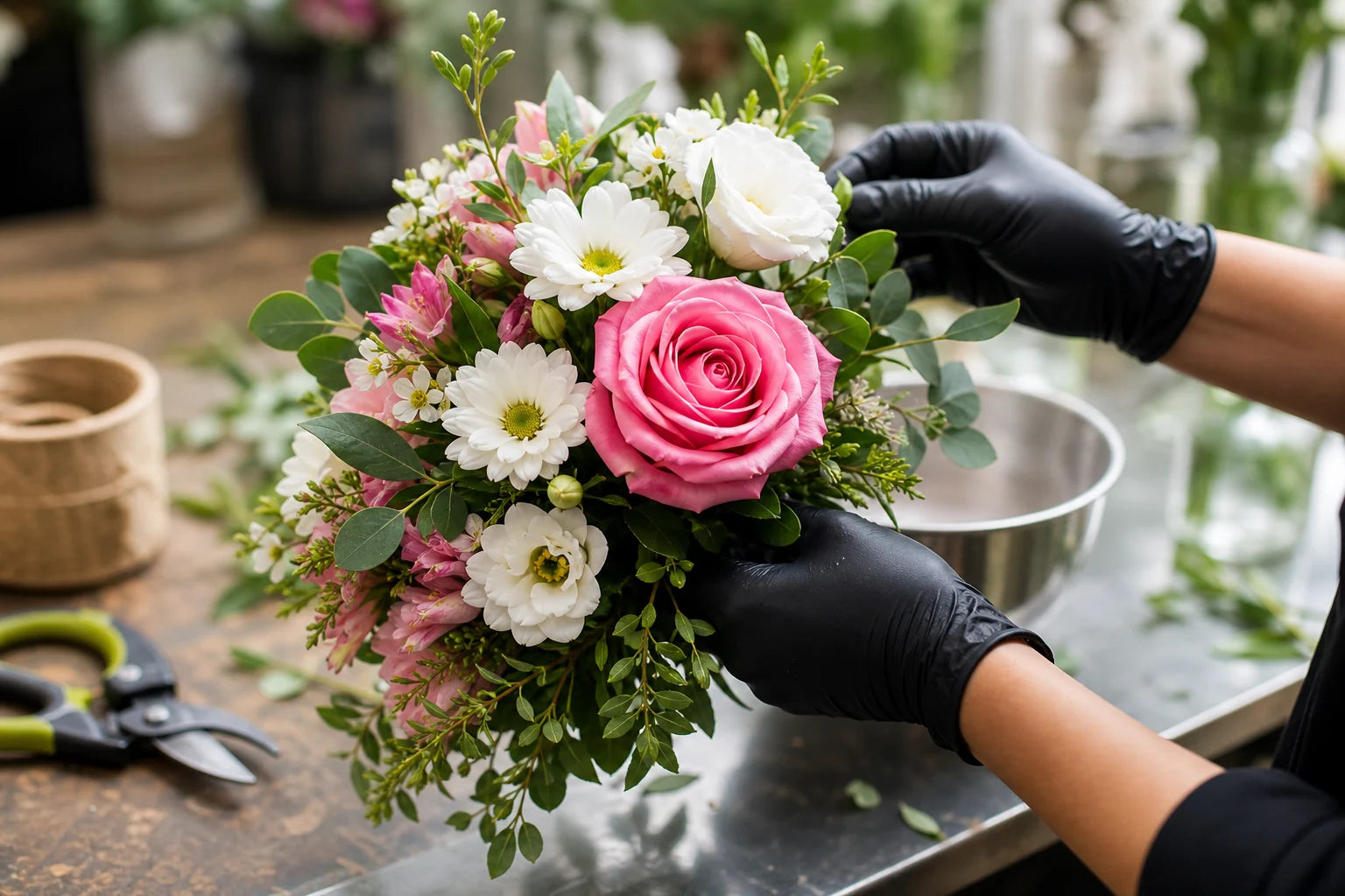 Fiorista Florame che controlla un bouquet fresco