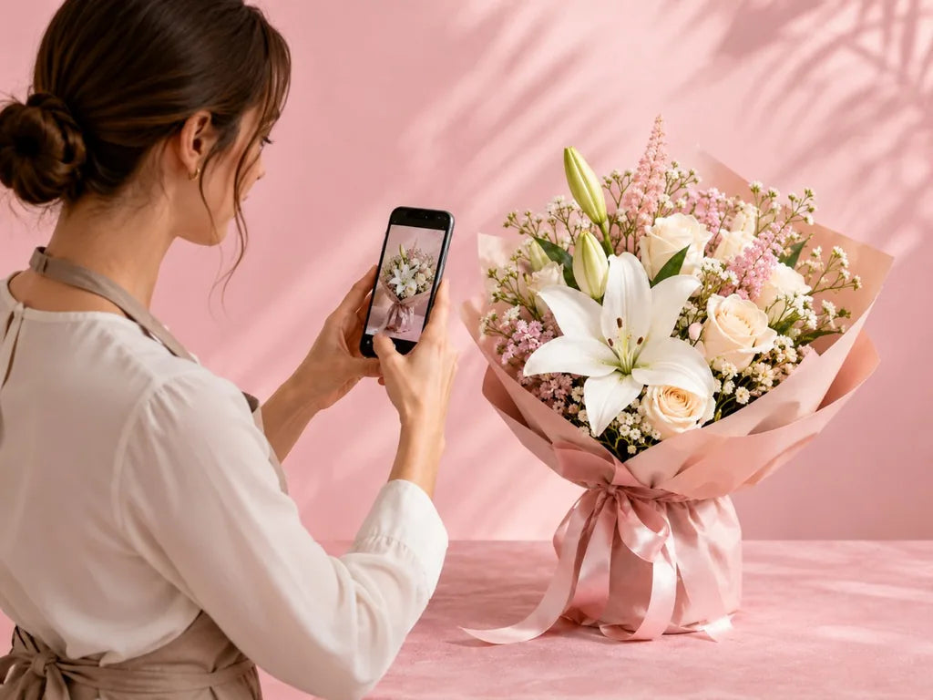 Fiorista Florame che fotografa il bouquet reale prima della consegna
