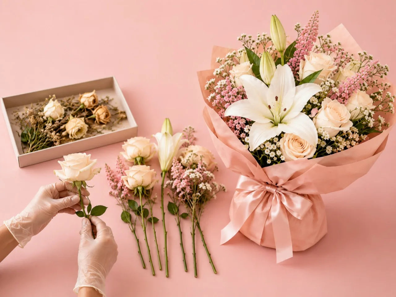 Fiorista Florame che seleziona a mano gli steli migliori per un bouquet